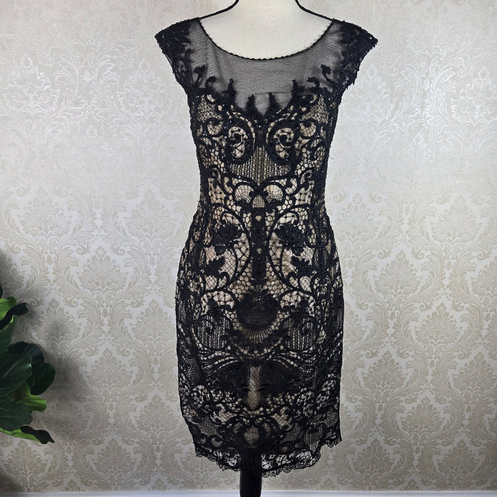 Vm Collections Size 4 Black Nude Bustier Dress Lace Overlay Crystal Accented Nwt